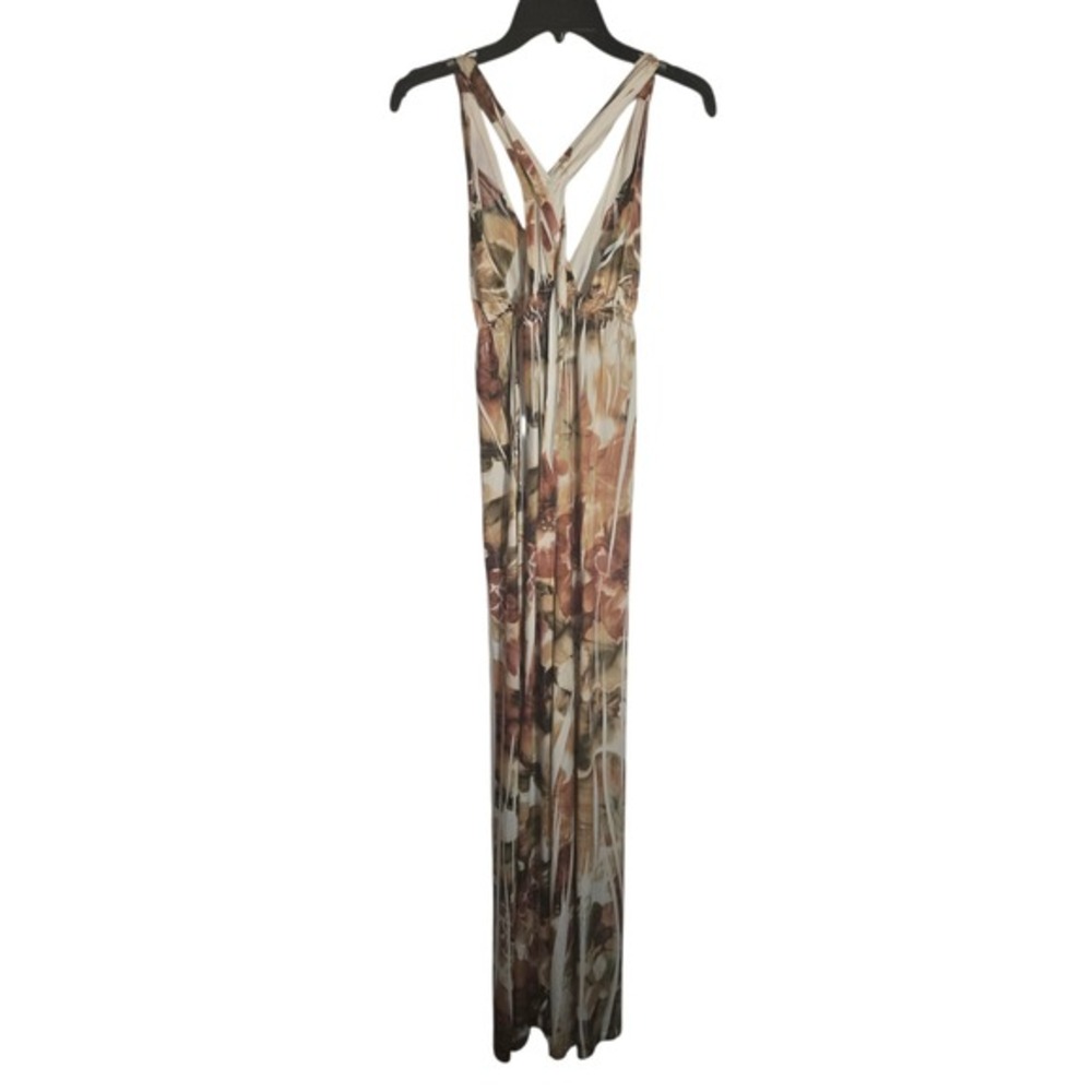 Doki Geki Womens Abstract Floral Maxi Dress Brown‎ Tan T-Back Sleeveless Small